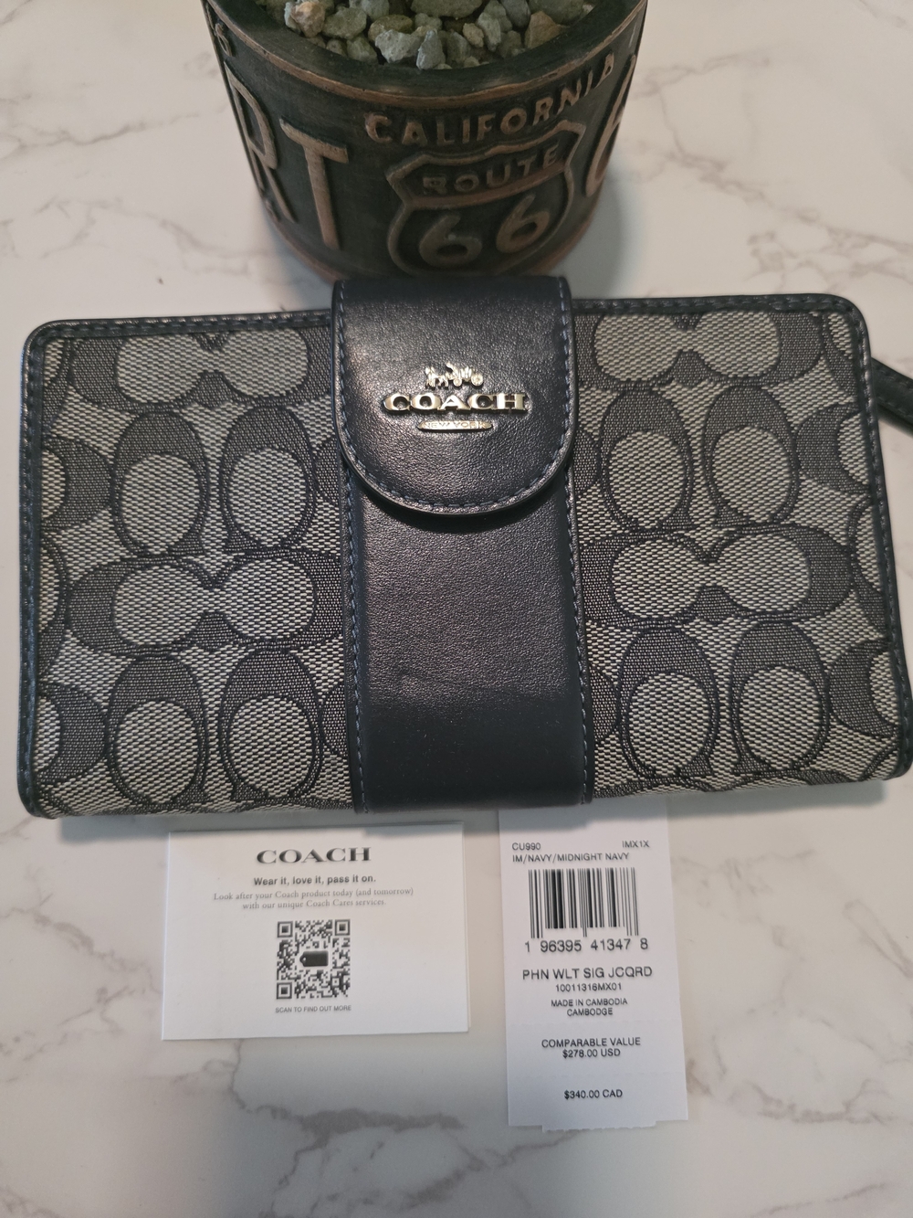 Coach Signature Jacquard Canvas Leather Phone Wallet in Navy Blue